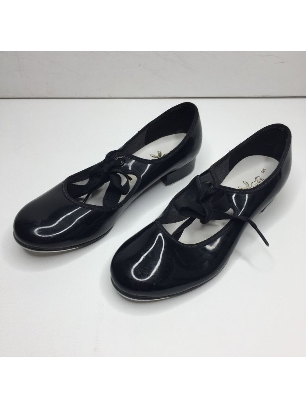 Vintage Spotlights Girls Black Mary Jane Patent Tap Dance Shoes Tie Close Size 5